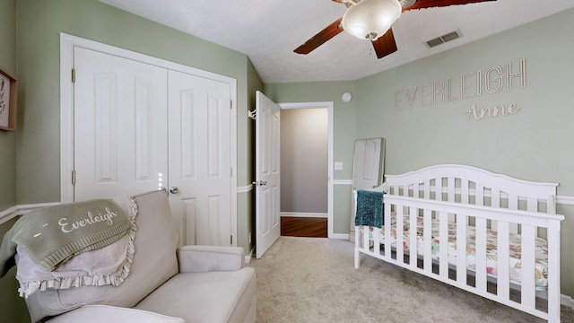 2806 Holsted Dr, Murfreesboro, TN 37128 - bedroom featuring a closet, carpet flooring, ceiling fan, and a crib