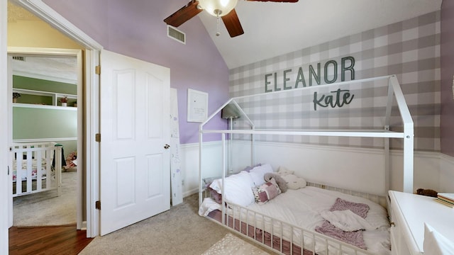 2806 Holsted Dr, Murfreesboro, TN 37128 - carpeted bedroom with wood finished floors, a ceiling fan, and high vaulted ceiling