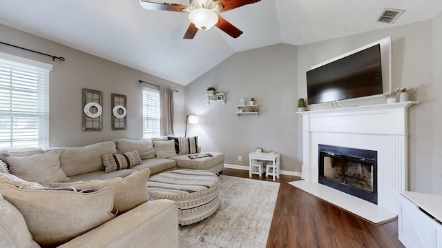 2806 Holsted Dr, Murfreesboro, TN 37128 - living room with a ceiling fan, dark wood-style flooring, a fireplace, and lofted ceiling