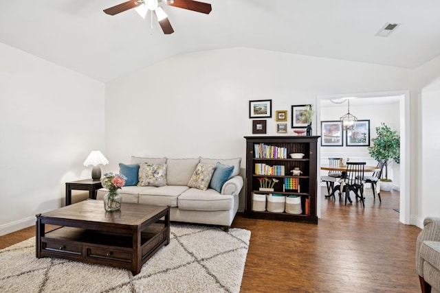 2016 Golden Ct, Spring Hill, TN 37174 - living room with vaulted ceiling, a ceiling fan, wood finished floors, and a chandelier
