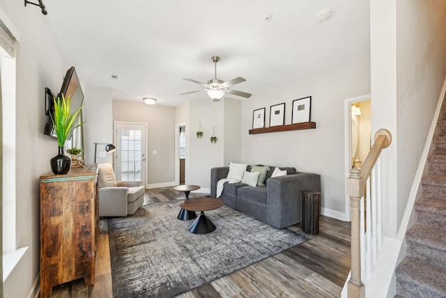 401 Birr Dr, Spring Hill, TN 37174 - living area featuring wood finished floors, ceiling fan, and stairs