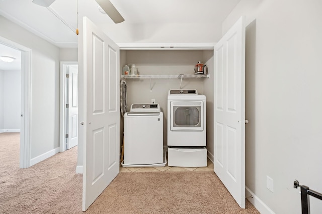 401 Birr Dr, Spring Hill, TN 37174 - laundry area featuring separate washer and dryer, light colored carpet, and a ceiling fan