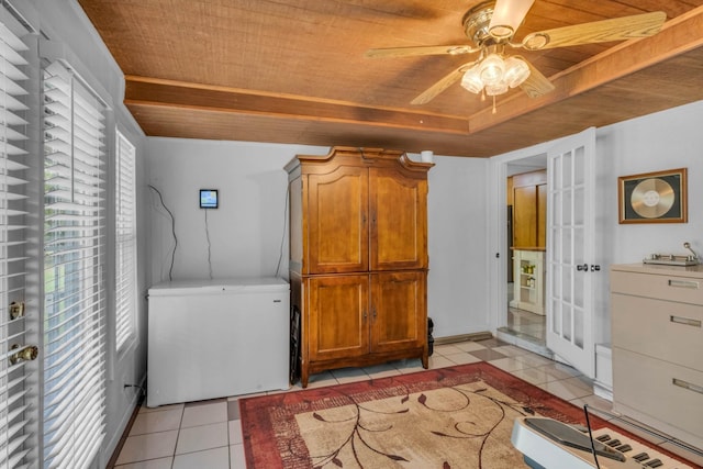 499 Pettus St, Lawrenceburg, TN 38464 - laundry area featuring a ceiling fan, light tile patterned floors, and wooden ceiling