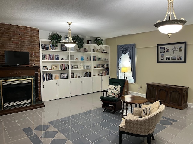 499 Pettus St, Lawrenceburg, TN 38464 - living area with tile patterned floors, a brick fireplace, and a textured ceiling