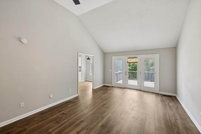 7616 Hudlow Ct, Fairview, TN 37062 - unfurnished living room featuring dark wood-type flooring, ceiling fan, and high vaulted ceiling