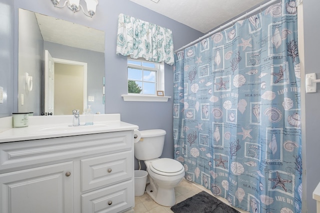 8100 Cedar Forrest Rd, Lascassas, TN 37085 - full bathroom with tile patterned floors, vanity, a shower with shower curtain, and a textured ceiling