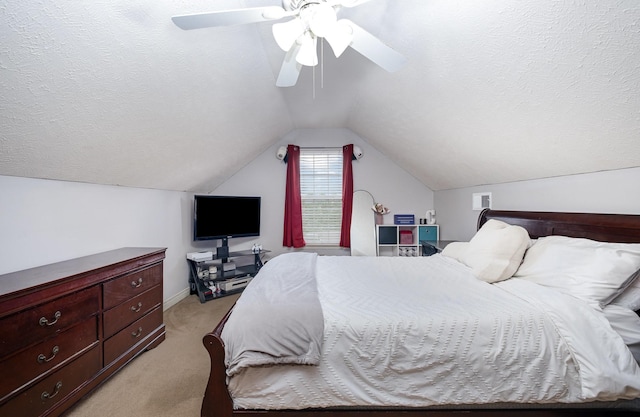 8100 Cedar Forrest Rd, Lascassas, TN 37085 - bedroom featuring light carpet, a ceiling fan, vaulted ceiling, and a textured ceiling