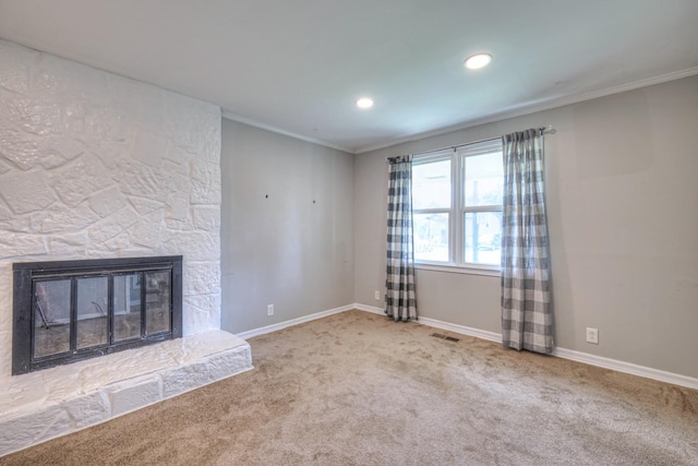 1213 N Graycroft Ave, Madison, TN 37115 - unfurnished living room featuring carpet, crown molding, recessed lighting, and a fireplace