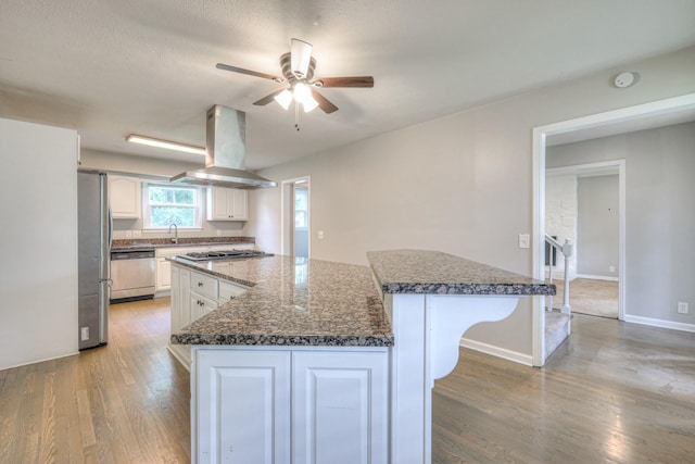 1213 N Graycroft Ave, Madison, TN 37115 - kitchen featuring stainless steel appliances, island range hood, a ceiling fan, a kitchen island, and light wood finished floors
