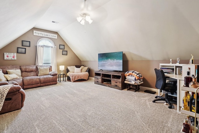 1319 Knoll Ln, Lebanon, TN 37087 - living area with carpet flooring, lofted ceiling, ceiling fan, and an office area