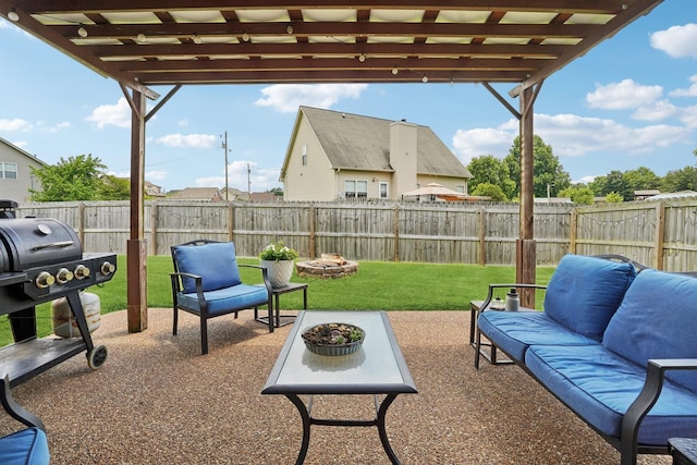 1319 Knoll Ln, Lebanon, TN 37087 - fenced backyard with a pergola, an outdoor living space with a fire pit, grilling area, and a patio