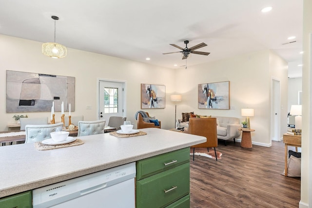 9656 Francis Ferry Rd, Rock Island, TN 38581 - kitchen featuring green cabinets, white dishwasher, open floor plan, dark wood finished floors, and a ceiling fan