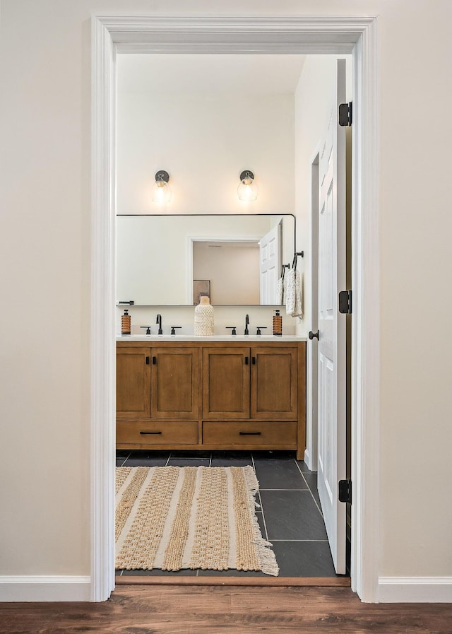 9656 Francis Ferry Rd, Rock Island, TN 38581 - bathroom with double vanity and wood finished floors