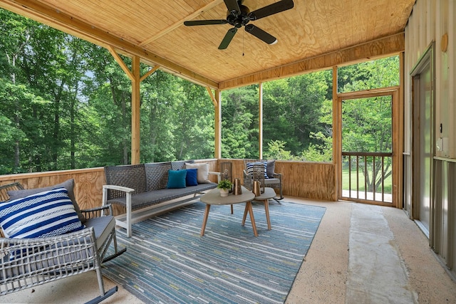 9656 Francis Ferry Rd, Rock Island, TN 38581 - wooden terrace featuring ceiling fan, view of scattered trees, and an outdoor living space