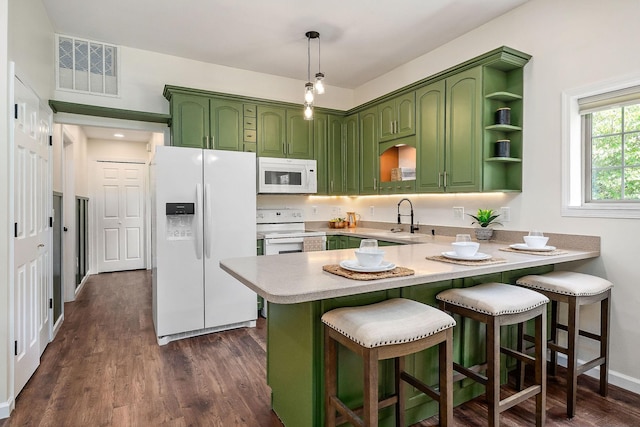 9656 Francis Ferry Rd, Rock Island, TN 38581 - kitchen with green cabinetry, white appliances, a peninsula, and light countertops