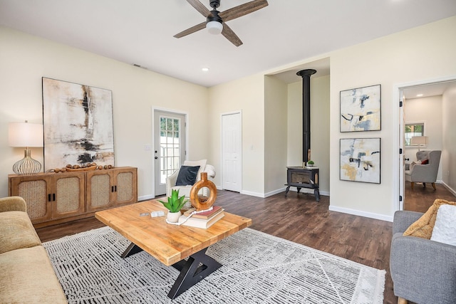 9656 Francis Ferry Rd, Rock Island, TN 38581 - living room with a ceiling fan, dark wood-style flooring, a wood stove, and recessed lighting