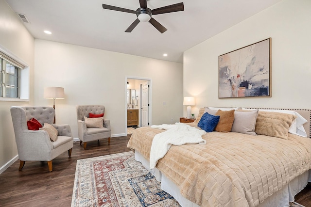 9656 Francis Ferry Rd, Rock Island, TN 38581 - bedroom with dark wood finished floors, recessed lighting, ensuite bath, and ceiling fan