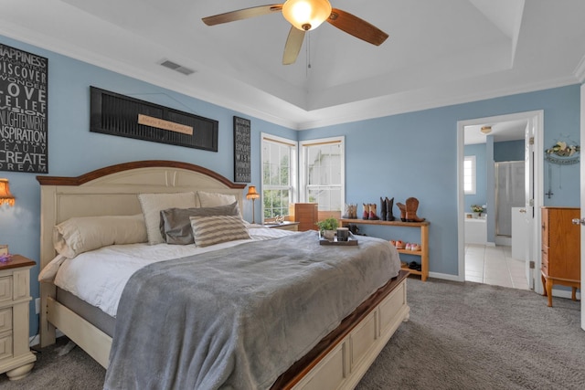 2105 Burgess Ln, Spring Hill, TN 37174 - bedroom featuring carpet, multiple windows, a tray ceiling, crown molding, and ceiling fan