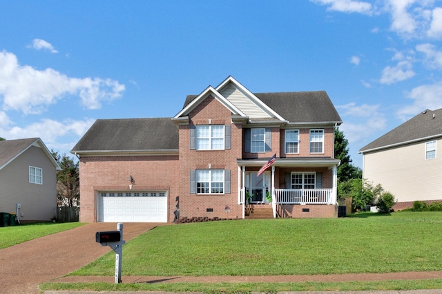 2105 Burgess Ln, Spring Hill, TN 37174 - view of front of house featuring a porch, brick siding, concrete driveway, a front lawn, and crawl space