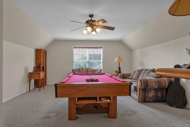 2105 Burgess Ln, Spring Hill, TN 37174 - recreation room featuring lofted ceiling, carpet, a ceiling fan, and billiards
