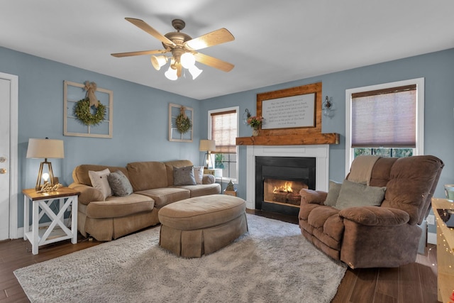 2105 Burgess Ln, Spring Hill, TN 37174 - living area featuring wood finished floors, a fireplace with flush hearth, and a ceiling fan