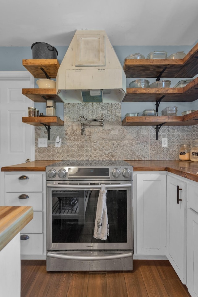 2105 Burgess Ln, Spring Hill, TN 37174 - kitchen with stainless steel range with electric cooktop, open shelves, custom exhaust hood, dark wood-style floors, and decorative backsplash