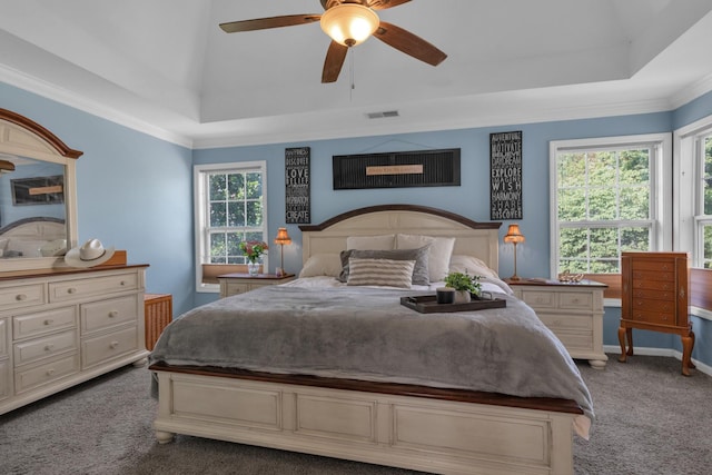 2105 Burgess Ln, Spring Hill, TN 37174 - carpeted bedroom featuring a tray ceiling, a ceiling fan, and crown molding