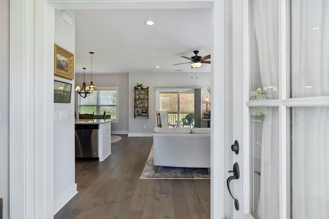 26 Sycamore Rdg W, Burns, TN 37029 - foyer entrance featuring dark wood-type flooring, ceiling fan, recessed lighting, and a chandelier