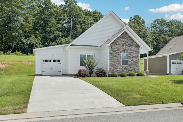 26 Sycamore Rdg W, Burns, TN 37029 - view of front of home featuring driveway, stone siding, a garage, and a front lawn