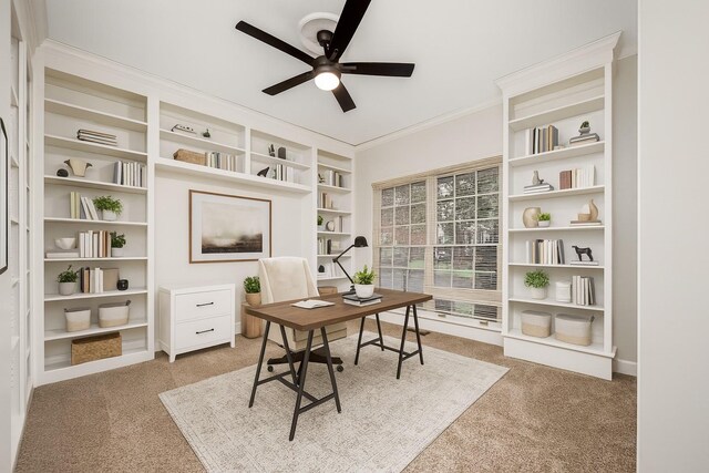 1436 Cheshire Pl, Murfreesboro, TN 37129 - home office featuring a ceiling fan, light colored carpet, crown molding, and built in shelves