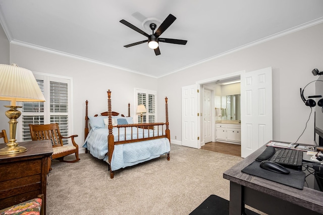 1436 Cheshire Pl, Murfreesboro, TN 37129 - bedroom with ornamental molding, carpet flooring, an office area, connected bathroom, and a ceiling fan