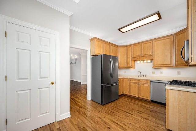 1436 Cheshire Pl, Murfreesboro, TN 37129 - kitchen with appliances with stainless steel finishes, light countertops, light wood-type flooring, and ornamental molding