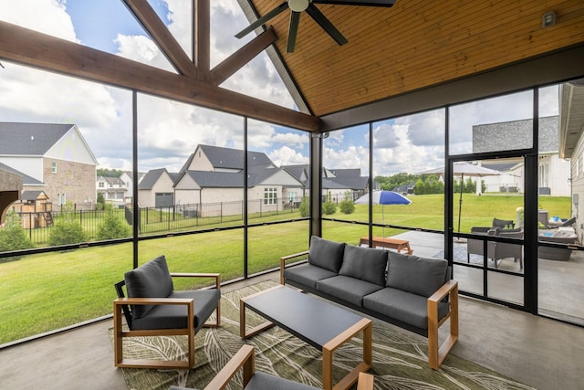 5831 Branta Dr, Franklin, TN 37064 - sunroom with a residential view, a ceiling fan, an outdoor living space, and vaulted ceiling