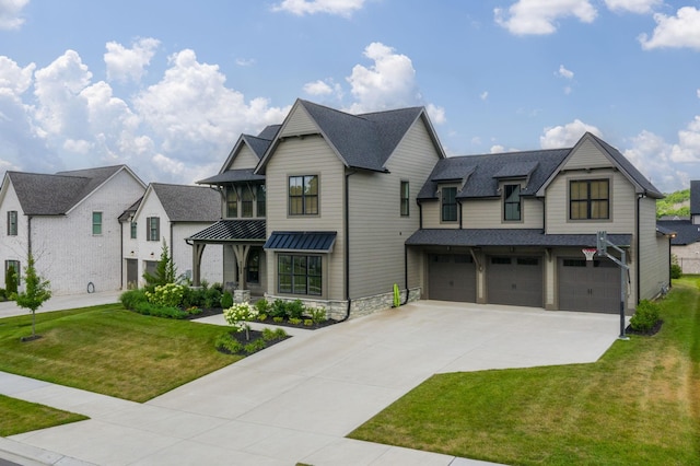 5831 Branta Dr, Franklin, TN 37064 - modern inspired farmhouse featuring driveway, an attached garage, a front lawn, stone siding, and a standing seam roof