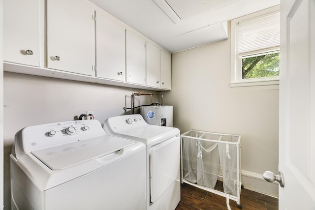 2010 Olympia Pl, Murfreesboro, TN 37130 - laundry area featuring water heater, cabinet space, dark wood-style floors, and washing machine and clothes dryer