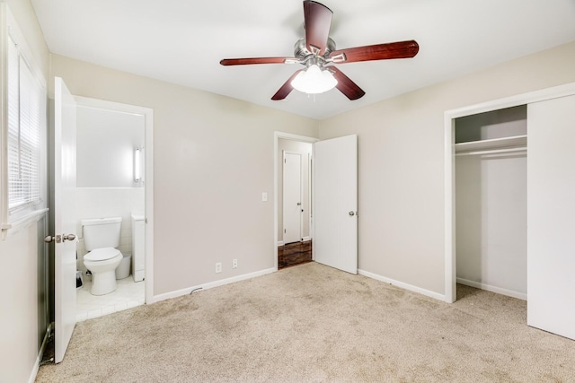 2010 Olympia Pl, Murfreesboro, TN 37130 - unfurnished bedroom featuring carpet flooring, a closet, ensuite bath, and a ceiling fan