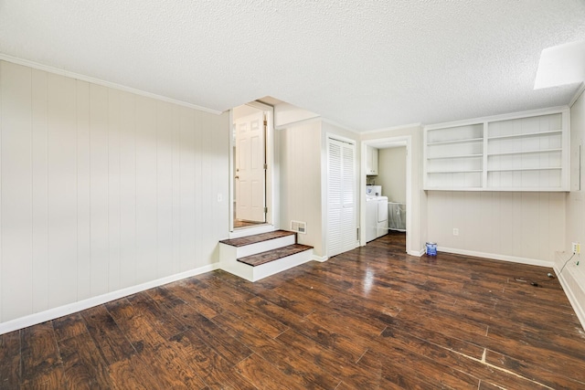 2010 Olympia Pl, Murfreesboro, TN 37130 - unfurnished living room with washer and dryer, wood finished floors, built in features, and a textured ceiling