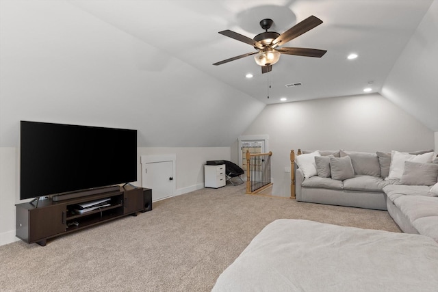 8408 Morin Rd, Chattanooga, TN 37421 - carpeted living area featuring lofted ceiling, ceiling fan, and recessed lighting