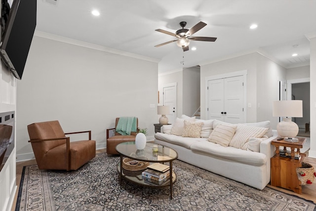 8408 Morin Rd, Chattanooga, TN 37421 - living area featuring ceiling fan, recessed lighting, stairs, ornamental molding, and wood finished floors