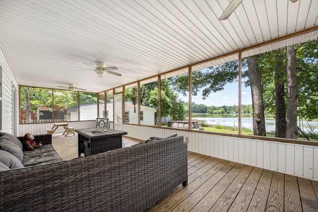 55 Parker Pt, Beechgrove, TN 37018 - sunroom / solarium with a ceiling fan, a water view, view of wooded area, and plenty of natural light