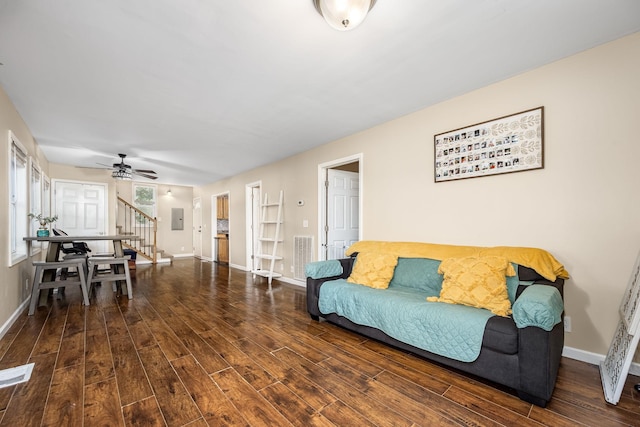 55 Parker Pt, Beechgrove, TN 37018 - living room featuring stairs, wood finished floors, a ceiling fan, and electric panel