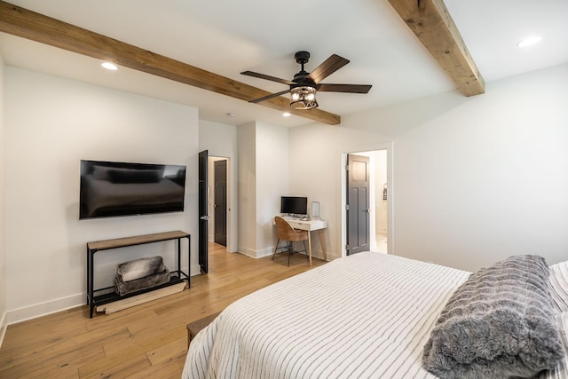 1446 Littleton Ranch Rd, Castalian Springs, TN 37031 - bedroom featuring beam ceiling, recessed lighting, light wood-style flooring, and a ceiling fan