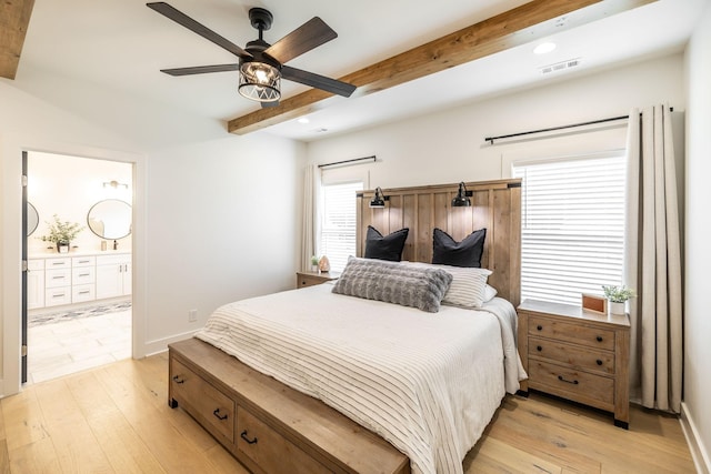 1446 Littleton Ranch Rd, Castalian Springs, TN 37031 - bedroom featuring multiple windows, beam ceiling, light wood-style floors, ensuite bathroom, and recessed lighting