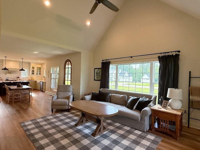 1782 Honey Ln, Estill Springs, TN 37330 - living area with wood finished floors, healthy amount of natural light, high vaulted ceiling, recessed lighting, and ceiling fan