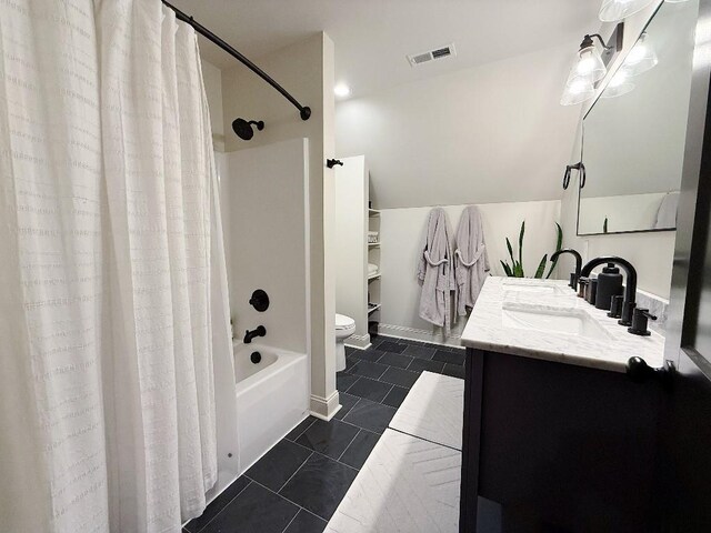 1782 Honey Ln, Estill Springs, TN 37330 - full bathroom featuring vanity, shower / tub combo with curtain, tile patterned flooring, and vaulted ceiling