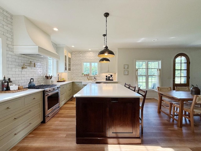 1782 Honey Ln, Estill Springs, TN 37330 - kitchen with high end stainless steel range oven, premium range hood, decorative backsplash, light countertops, and light wood-style floors