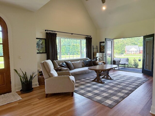 1782 Honey Ln, Estill Springs, TN 37330 - living room featuring high vaulted ceiling, arched walkways, and wood finished floors