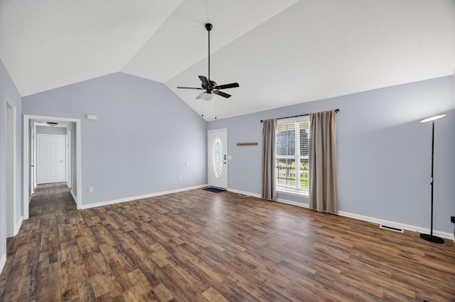 7 Summerfield Dr, Fayetteville, TN 37334 - unfurnished living room featuring a ceiling fan, lofted ceiling, and dark wood-type flooring