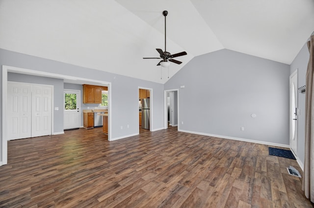 7 Summerfield Dr, Fayetteville, TN 37334 - unfurnished living room with ceiling fan, dark wood-type flooring, and high vaulted ceiling