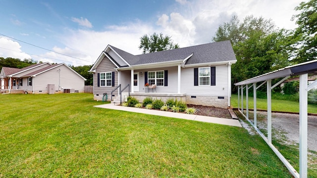 341 Holly Grove Rd, Lewisburg, TN 37091 - ranch-style house with crawl space, a front yard, a porch, and roof with shingles